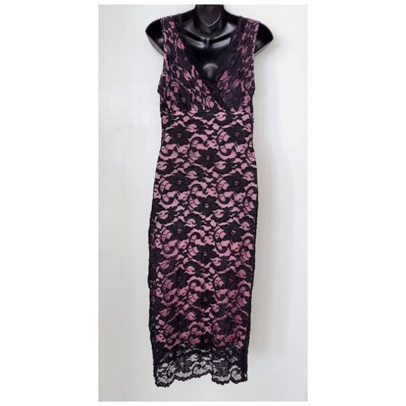 Black Floral Lace Dress Pink Lining Sleeveless V-Neck Mica Size L Whimsigoth - Picture 2 of 10